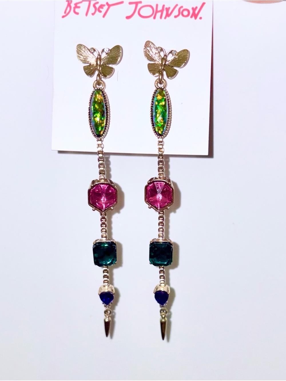 Betsey Johnson Linear Butterfly Drop Earrings with Green, Pink & Teal Gems